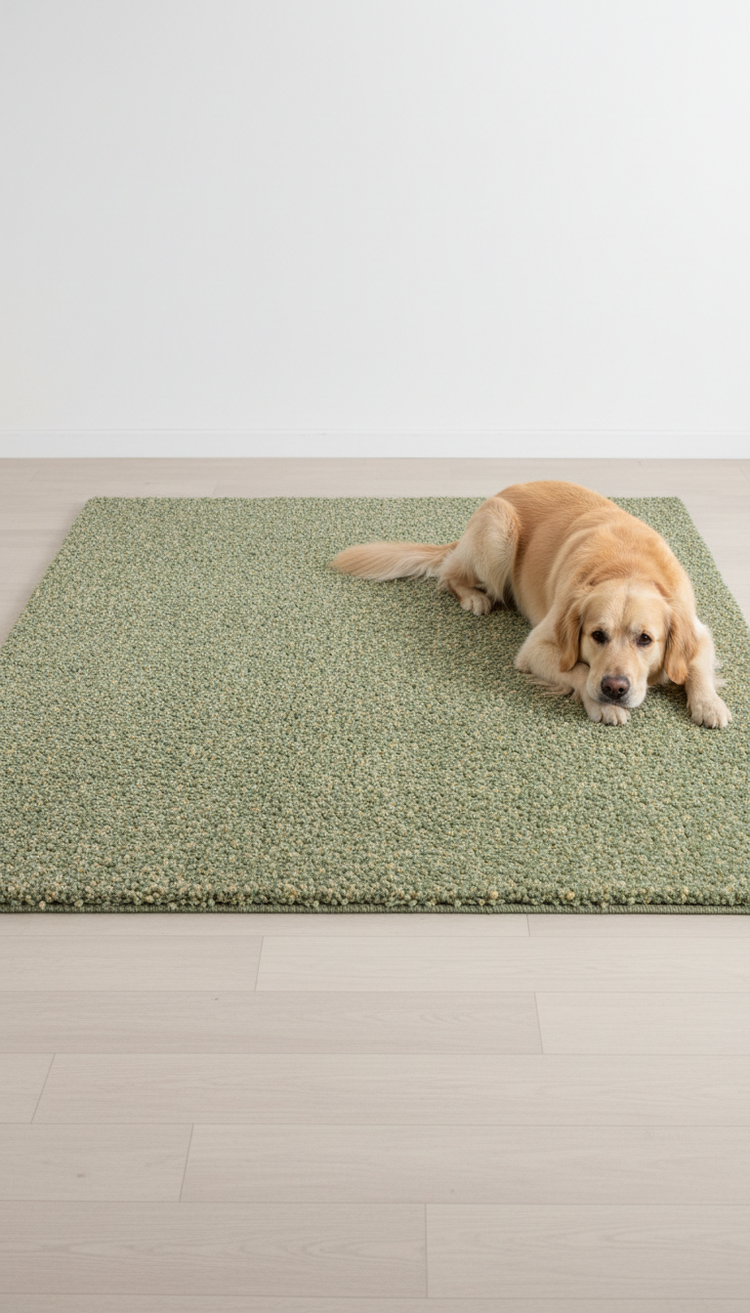 Golden retriever resting on a sage rug