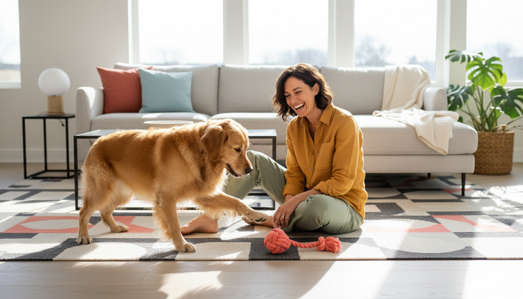 Owner playing with a golden retriever in a bright living room