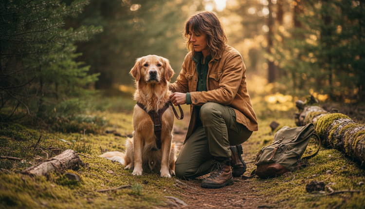 Owner fitting a harness on a golden retriever outdoors